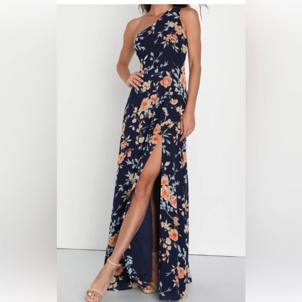 Lulu’s Elegant Admiration Navy Blue Floral One-Shoulder Maxi Dress